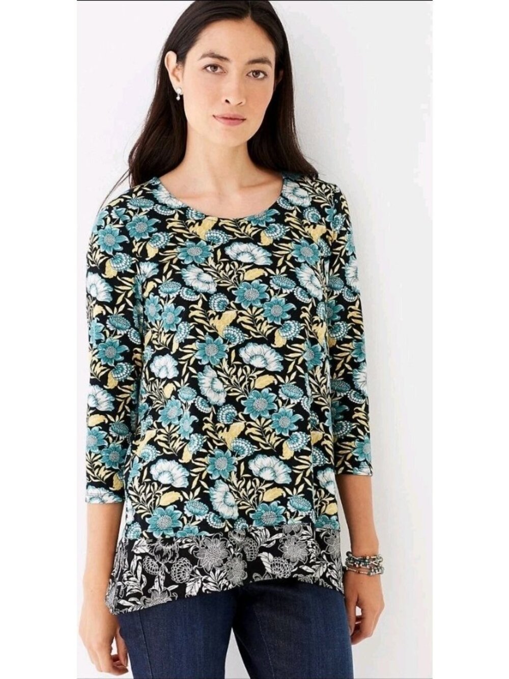 J. Jill Mineral Blue Leaf Floral A-Line Top 3/4 Sleeves‎ Blue Yellow NWT
